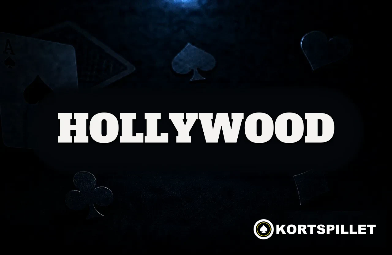 Mørkt kortbord med spillkort og fargesymboler og navnet Hollywood