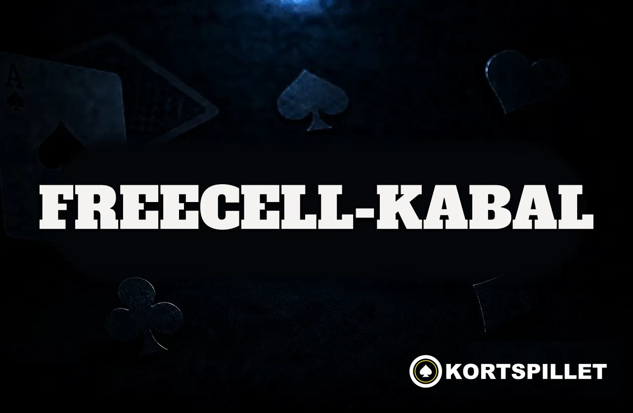 Mørkt kortbord med spillkort, fargesymboler og navnet Freecell-kabal