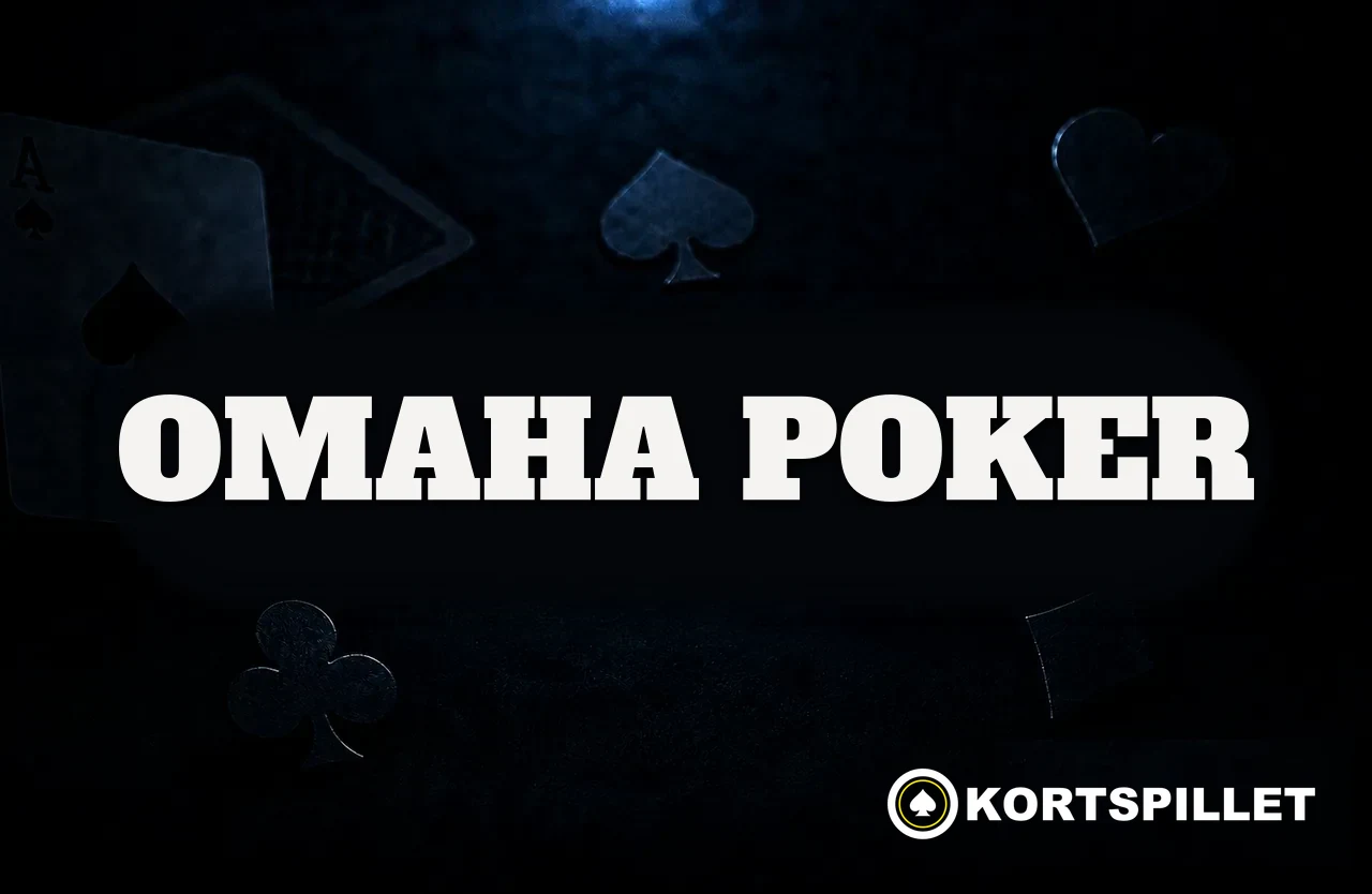 Mørkt kortbord med spillkort og fargesymboler og navnet Omaha poker