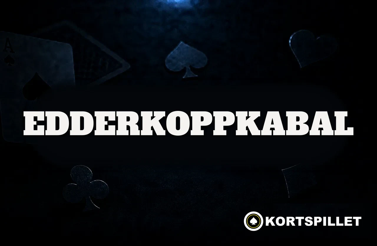 Mørkt kortbord med spillkort, fargesymboler og navnet Edderkoppkabal